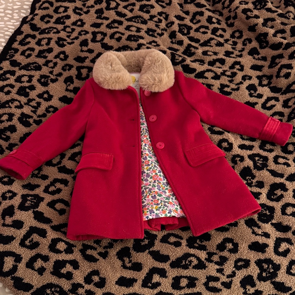 Mini Boden Red Pea Coat with Faux Fur Collar